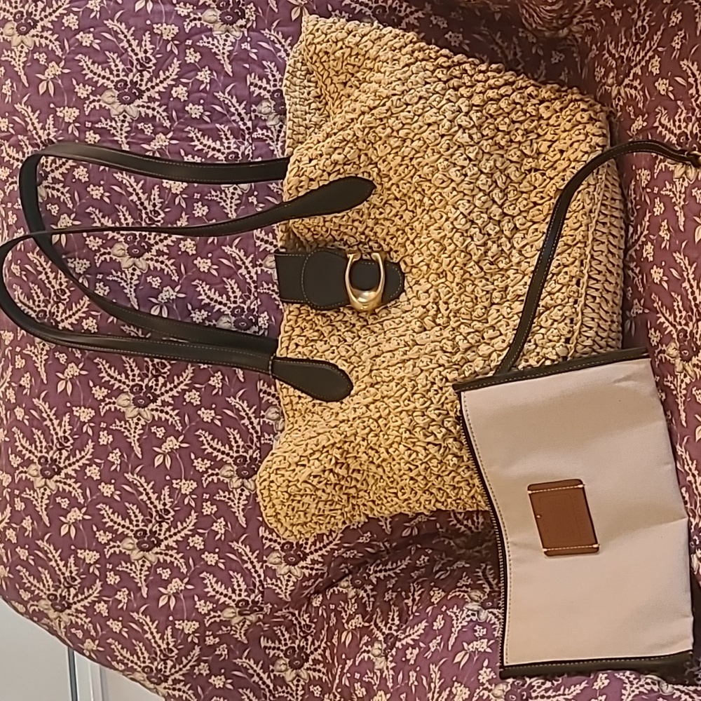 Coach straw tote with black leather trim
